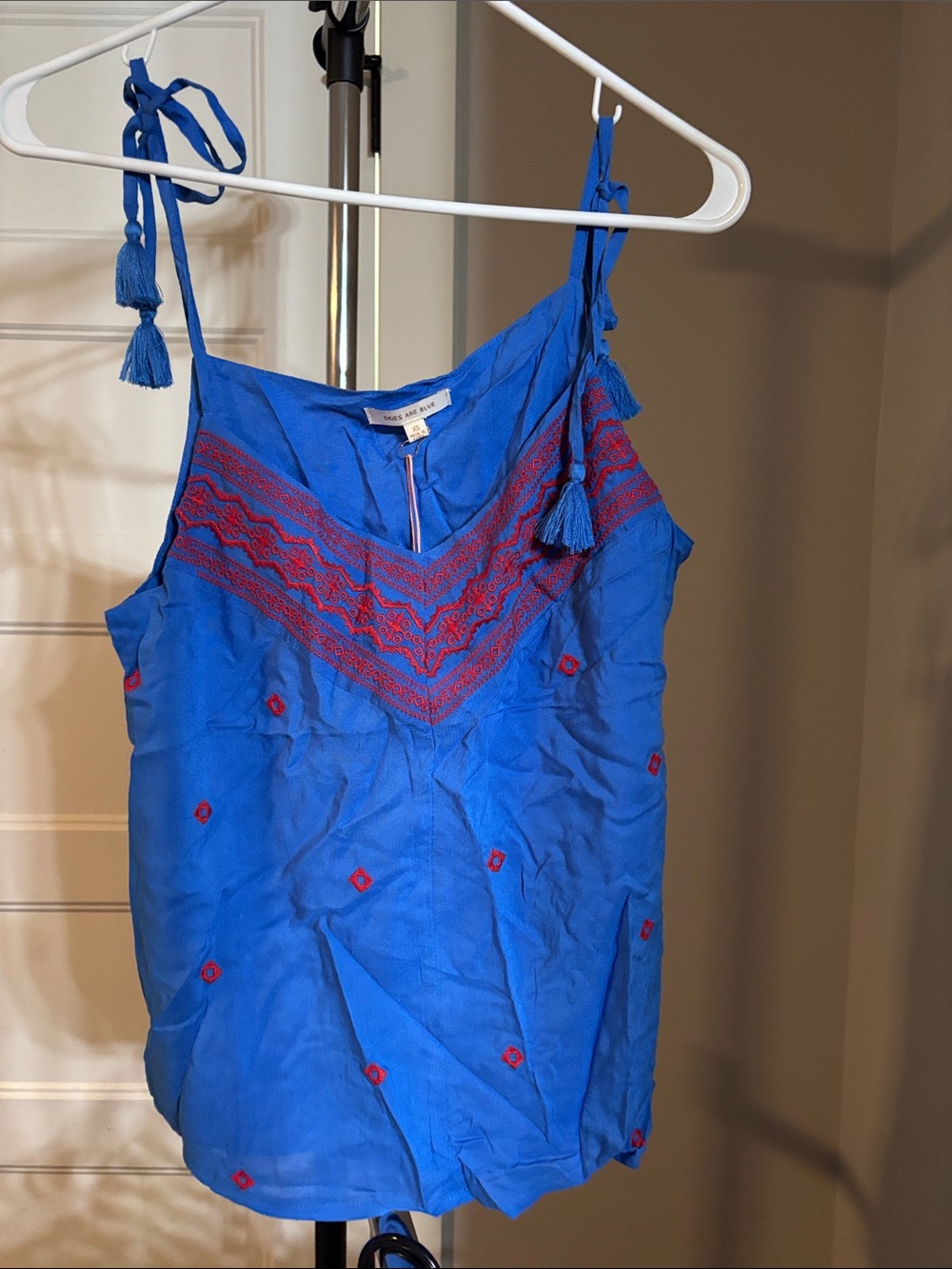 Skies Are Blue Royal Blue Embroidered Tie-Strap Camisole